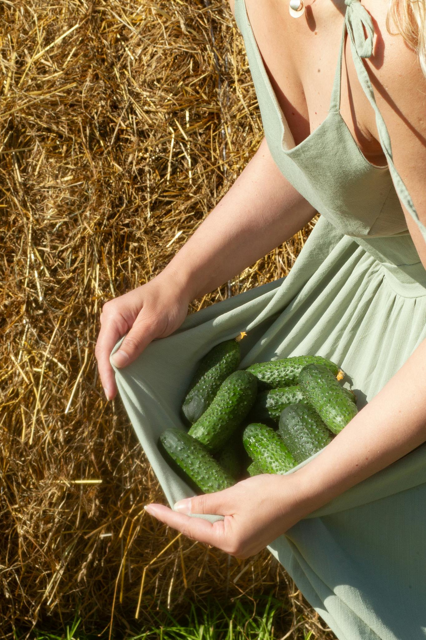 Caucasian woman in green dress holding fresh cucumbers against straw bales.